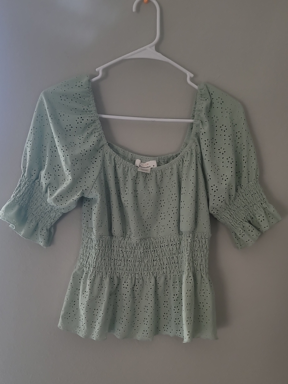 URBAN Romantics Sage Green Eyelet Smocked Peplum Blouse